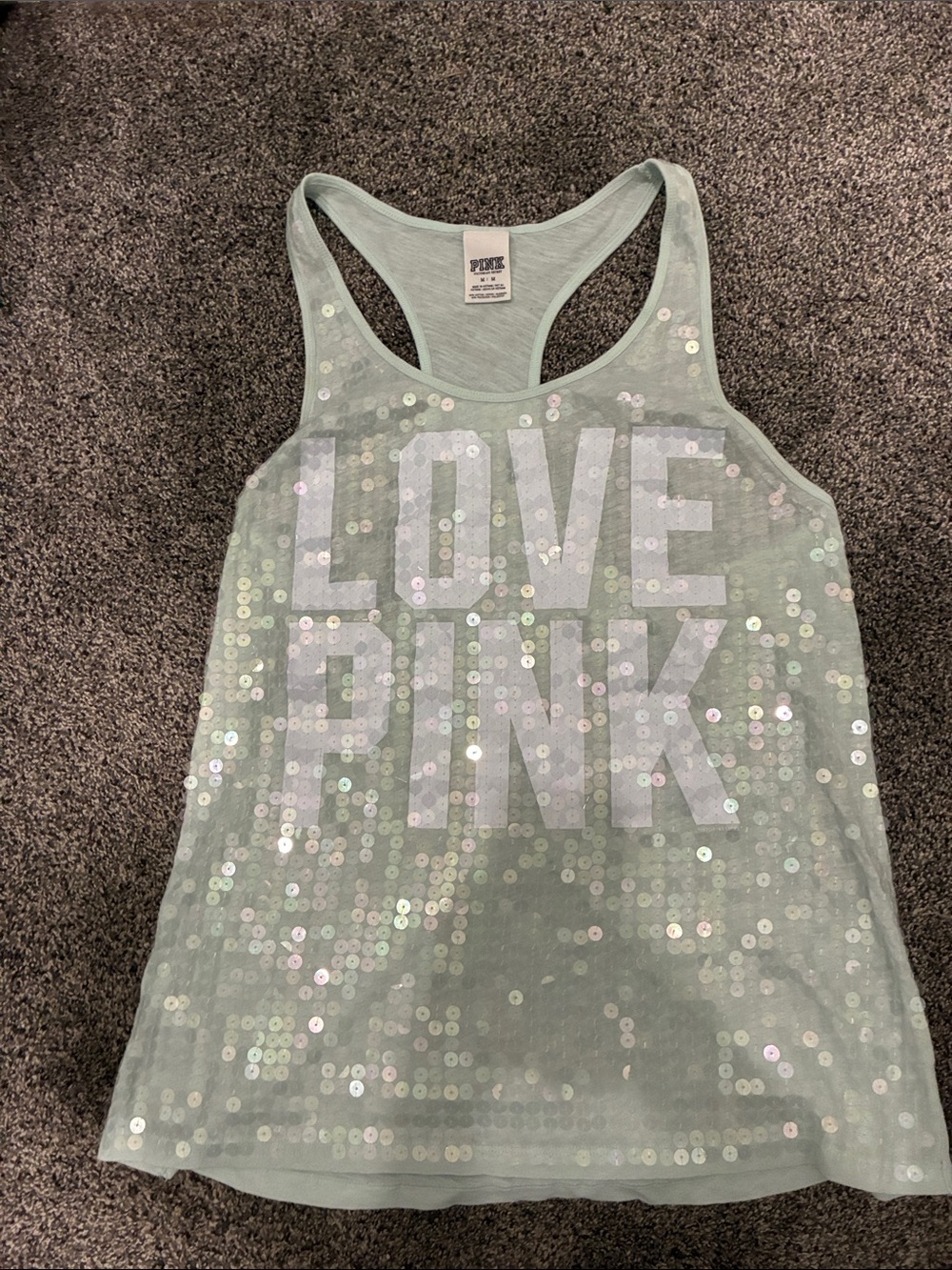 PINK Victoria's Secret Mint Sequin 'LOVE PINK' Racerback Tank